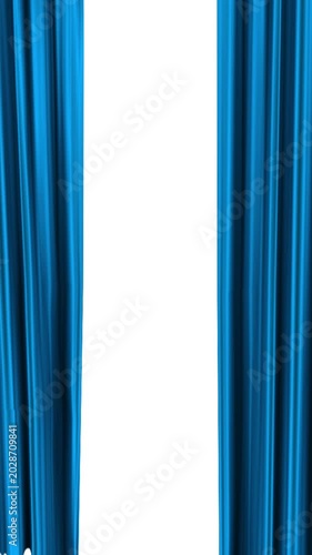Realistic luxury blue stage curtain opening with soft pleats on white background.Theater curtain transition with realistic blue cloth pleats.