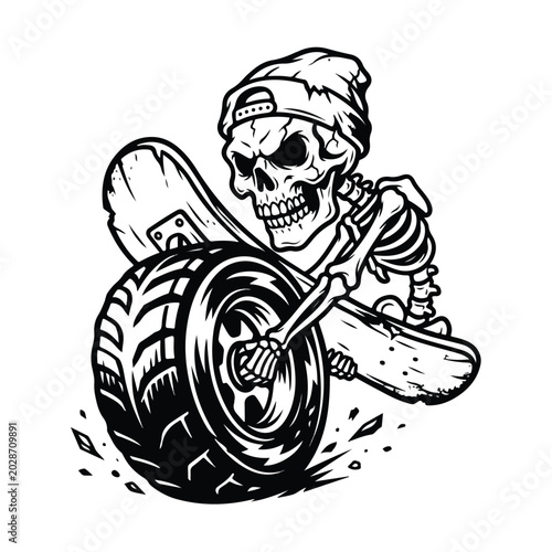 A stylized black and white illustration of a skeletal figure wearing a beanie and riding a skateboard, gripping a large tire with dynamic motion lines against a stark background