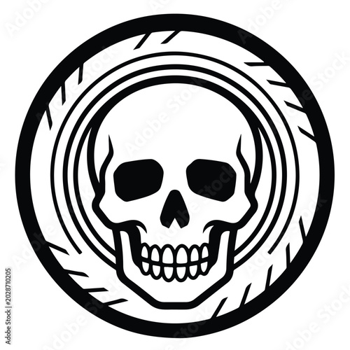 A stylized black and white graphic icon featuring a human skull centered within a tire tread pattern, conveying a bold and rebellious spirit against a clean backdrop