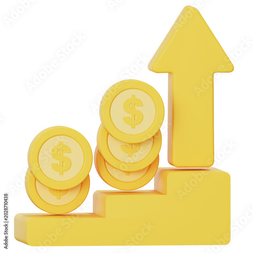 3D render of growing finance concept with yellow coins and arrow