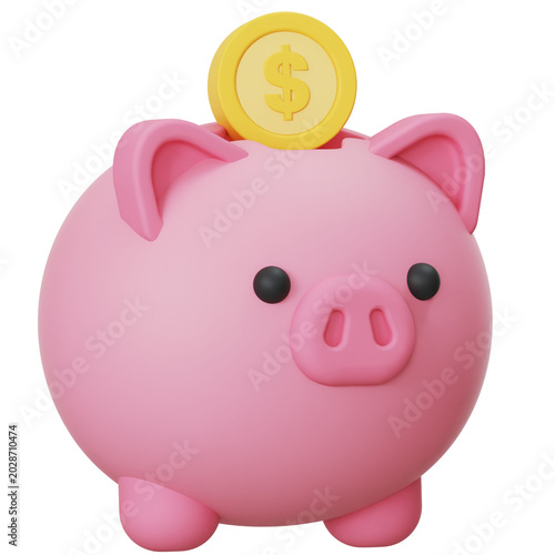 Pink piggy bank with gold coin 3D icon for finance concepts