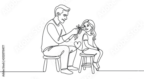 Fényképezés father and daughter with flower continuous line drawing on white background