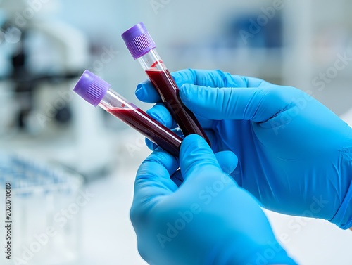Medical professional wearing blue protective gloves holding two vacuum blood collection tubes filled with red liquid in laboratory environment