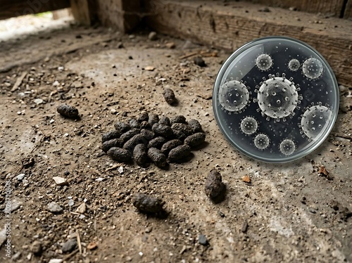 Microscopic virus particles are viewed inside a petri dish placed on a dirty ground with animal droppings nearby