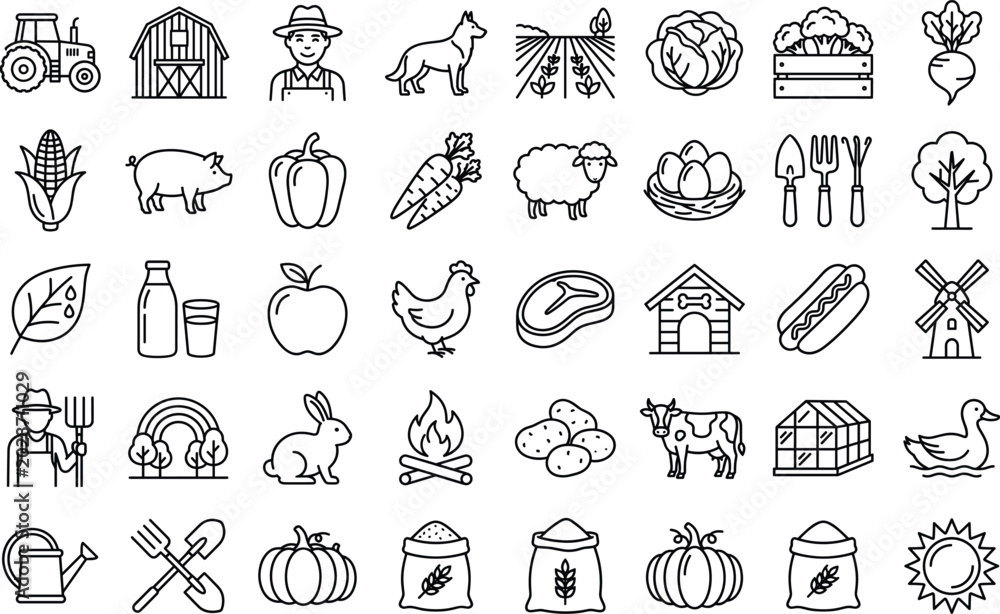 Obraz premium Farming and agriculture line icon set with tractor farmer animals vegetables and tools vector