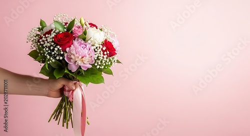 Elegant Mixed Flower Bouquet Held by Hand Against Soft Pink Background