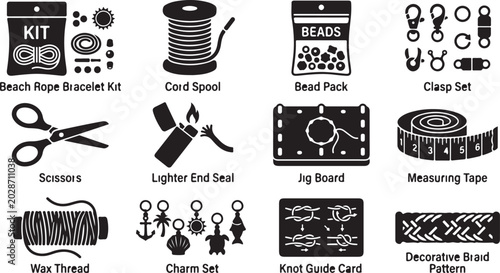 Bild auf Leinwand A collection of black and white representing diy bracelet making supplies, inclu