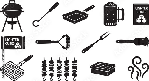 Εκτύπωση καμβά Collection of black silhouette for barbecue and grilling, featuring a charcoal g