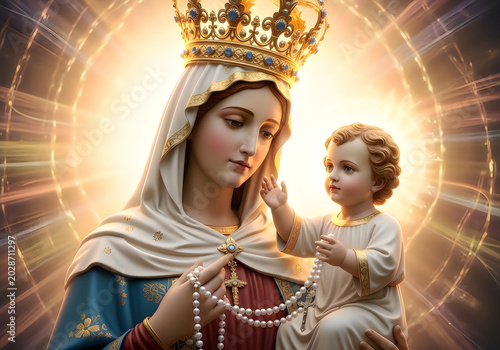 Saint mary holding baby jesus with a golden crown and rosary beads in a glowing holy light