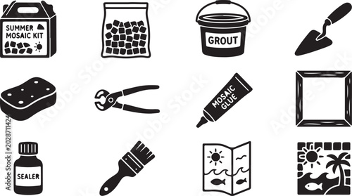 Obraz na plátne Set of black and white for a summer mosaic kit, featuring tools like a trowel, g