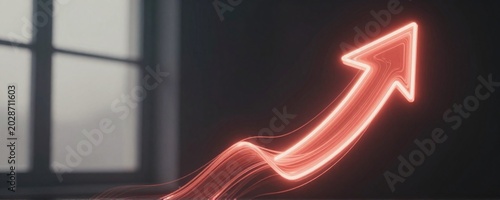 A striking scene illuminated by a luminous neon arrow soaring upward, crafted with fluid, glowing lines that ripple with energy