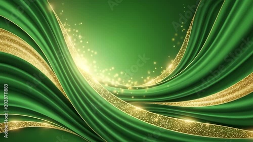 Green silk waves with golden accents and sparkles in abstract design  
