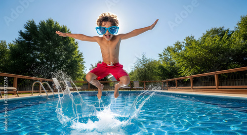 Happy boy with sunglasses jumping into a blue swimming pool on a sunny summer day