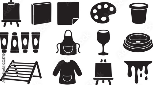 Fotografía Set of black silhouette featuring supplies, including easels, paint tubes, a pal
