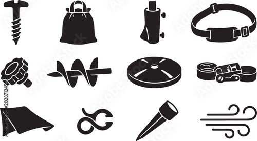Photos Set of black silhouette featuring construction and camping equipment, including