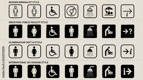 Restroom symbols in four styles
