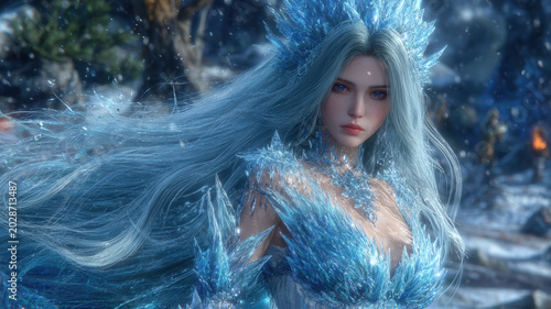 Fantasy, mysterious, wallpaper. A vivid, fantasythemed digital artwork depicts a female figure with long, flowing blue hair. She wears a feathered headpiece and a shimmering, icy blue dress.