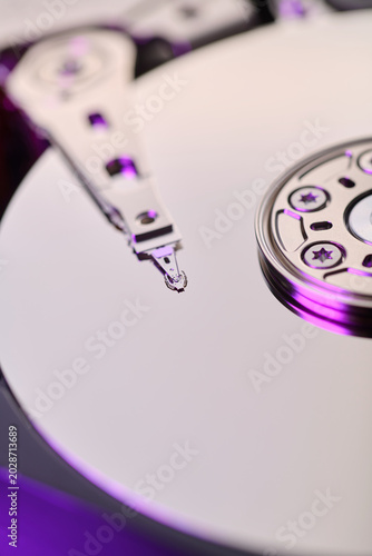 Close up of an open computer hard drive.