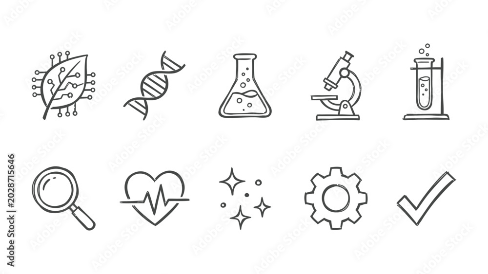 Fototapeta premium Science and Technology Icons: A collection of hand-drawn icons representing various scientific and technological concepts, including DNA, a leaf with circuitry, laboratory equipment.