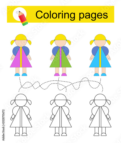 Educational game for kids. Go through the maze and color a doll according to the pattern. Coloring page worksheet.