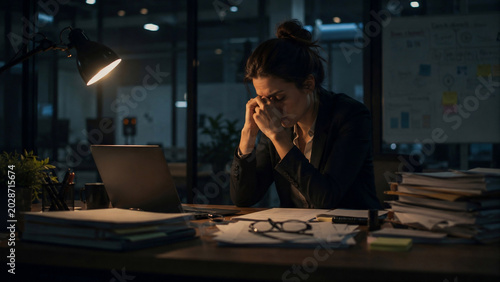 Woman Sitting Alone in Modern Office After Hours Looking Emotionally Exhausted, Burnout and Workplace Stress Concept, Laptop Open with Unfinished Tasks, Dim Desk Lamp, Realistic Corporate Environment