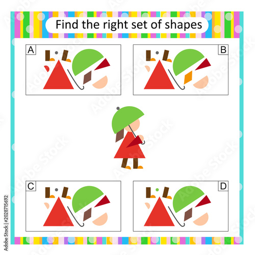 Puzzle for kids. Attention task. Find the correct set of doll. Answer is C.
