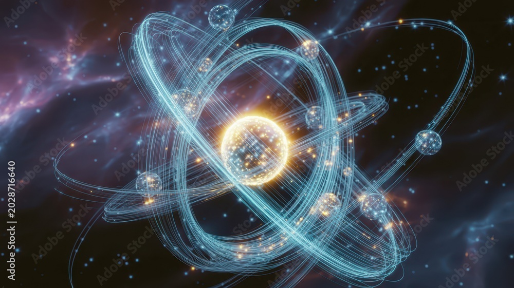 Obraz premium Artistic visualization of atomic structure with glowing electrons orbiting a nucleus in space