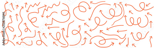 Hand drawn doddle red arrow icon set. Sketch curved arrows design. curly arrow collection