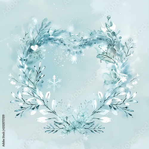Winter Botanical Wreath Watercolor Frosty Blue Frame Design