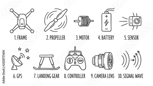 Tableau sur toile Drone Components Illustration: A clean, illustrative diagram showcasing ten essential components of a drone, including frame, propeller, motor, battery, sensor, GPS, landing gear, controller
