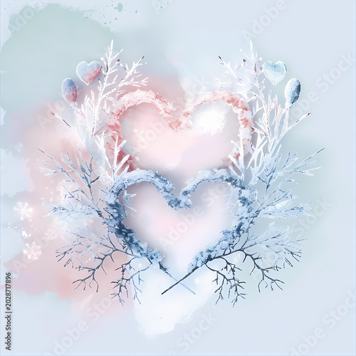 Frozen Heart Wreath Watercolor Romantic Winter Background Artwork