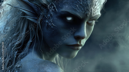 Fantasy, mysterious, wallpaper. A closeup portrait of a female figure with a mystical and ethereal aura. Her face is intricately detailed, featuring a blend of blue and white hues.