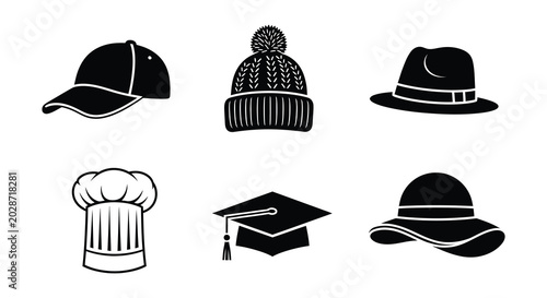 Photos This is a vector illustration depicting a collection of six different hat silhouettes in black set against a white background