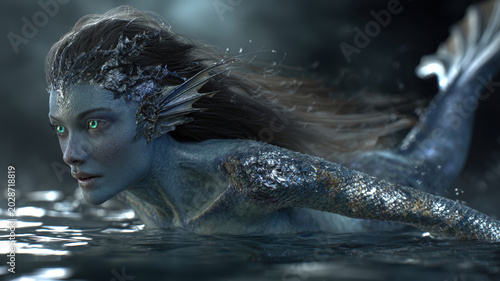 Fantasy, mysterious, wallpaper. A detailed digital artwork depicts a mermaid submerged in water. The mermaid has a serene expression with striking green eyes. Her body is adorned with shimmering.