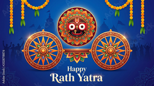 Decorative Rath Yatra wheel and Jagannath symbol artwork for vibrant Indian spiritual celebration