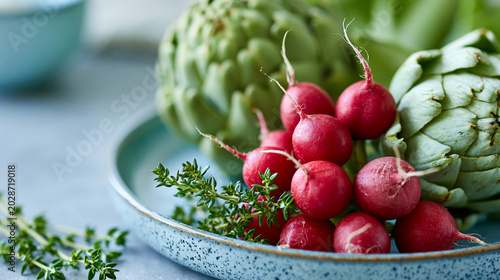 Close-up of a ceramic plate with radishes, thyme and artichokes as a food arrangement, vegetable still life concept, vegetable arrangement photography, healthy food display, with