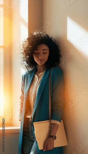 Community mediator standing by window holding folders with confident expression