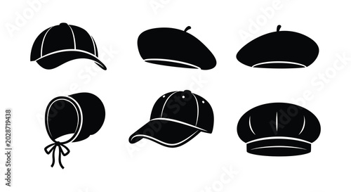 Photos This is a vector illustration depicting a collection of six different hat silhouettes in black set against a white background