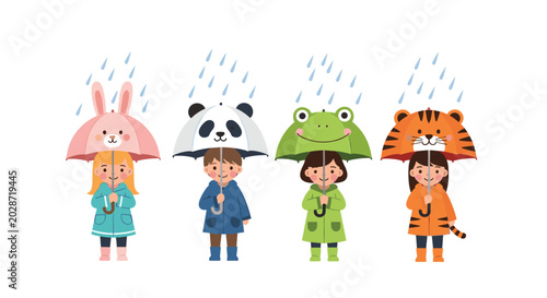 Four cute diverse children wearing raincoats and holding animal themed umbrellas with rabbit, panda, frog, and tiger designs in the rain.
