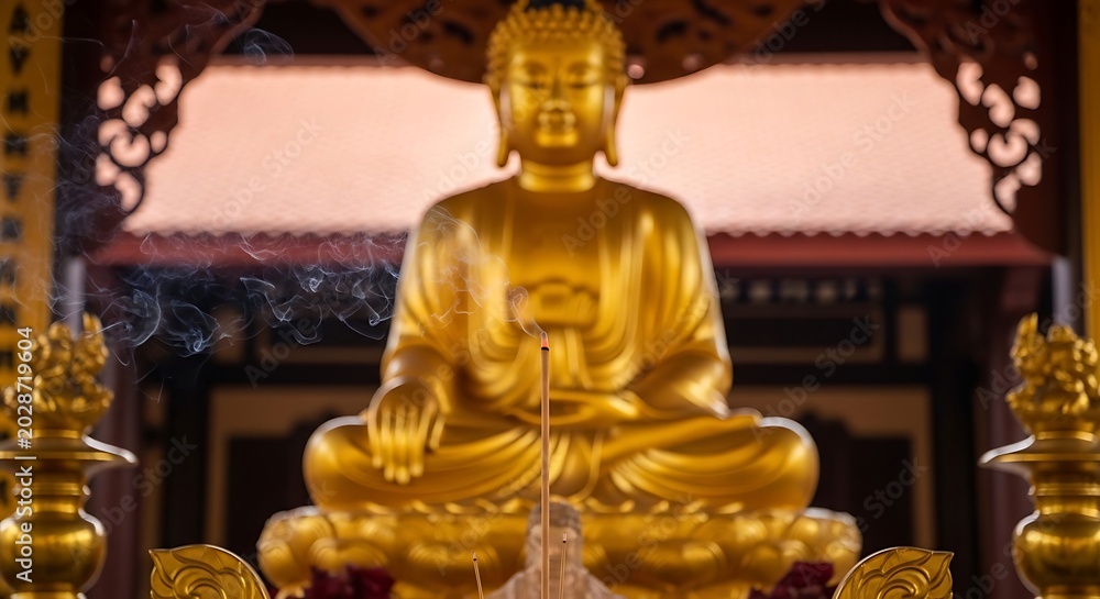 Fototapeta premium Golden Buddha Statue Sitting in Meditation Inside Ornate Temple