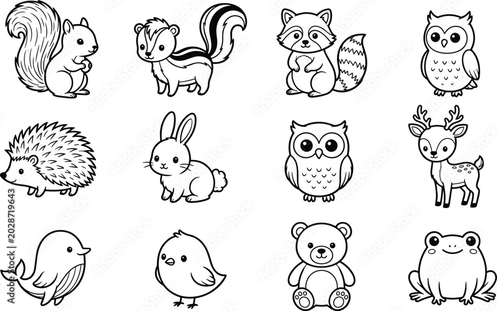 Obraz premium Cute woodland animals coloring page vector set with owl rabbit bear frog and deer line art