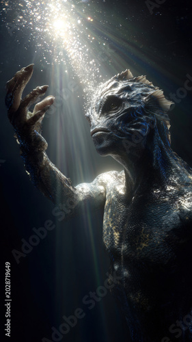 Fantasy, mysterious, wallpaper. A vivid portrayal of a fantastical creature, resembling a dragon or mythical creature, set against a deep blue background.