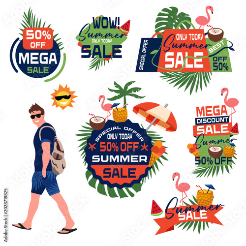 Green and red colors. Summer floral tropical offer and leaf promotion create fresh savings look. Ideal for summer promo banners.
