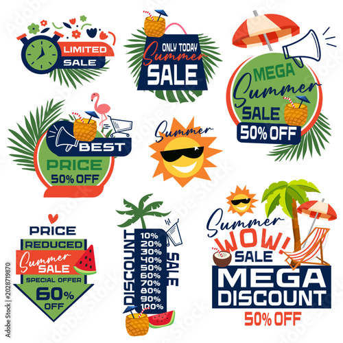 Green and red colors. Summer floral tropical offer and leaf promotion create fresh savings look. Ideal for summer promo banners.