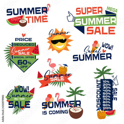 Green and red colors. Summer floral tropical offer and leaf promotion create fresh savings look. Ideal for summer promo banners.