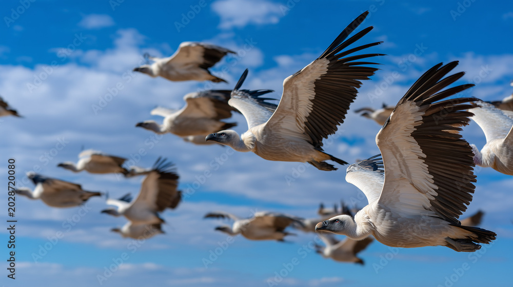 Obraz premium Birds fly high on International Vulture Awareness Day in open sky