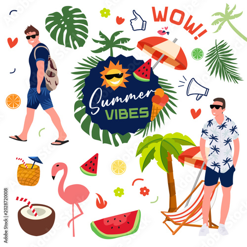 Tropical summer vector illustration with monstera plant, palm leaves, flamingo, watermelon, coconut drink, cocktail, beach umbrella, sun, sunglasses, flowers, ice cream, and playful cartoon elements.