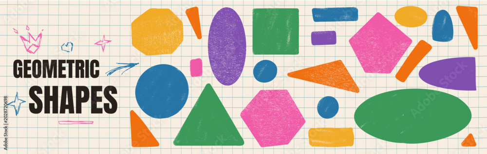 Fototapeta premium Childish shape with geometric crayon doodle in painted texture for school frame. Hand drawn shapes and circle in geometric layout. Vector kids border set with rectangle, circle, triangle on math paper