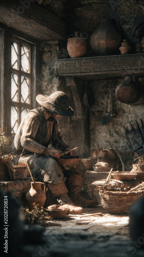 Europe medieval lifestyle. A detailed, atmospheric portrayal of a rustic workshop. The main subject is a weathered man wearing a widebrimmed hat and a longsleeved shirt.