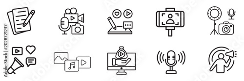 Professional Content Creator and Influencer Marketing Icon Set - Podcast, Vlogging, Video Editing, and Digital Media Symbols